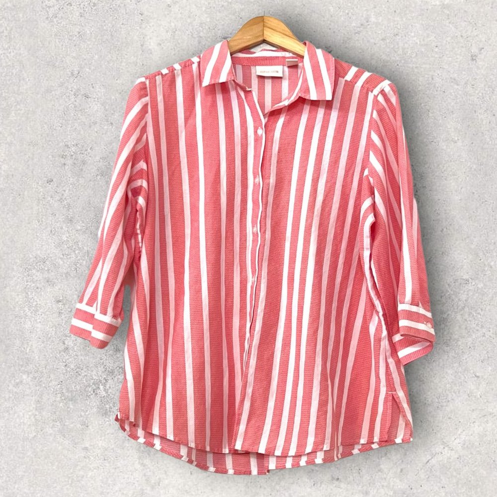 Chico's Women's Top Button Down Shirt Striped Size 1 3/4 Sleeve Silk Blend - Picture 1 of 8